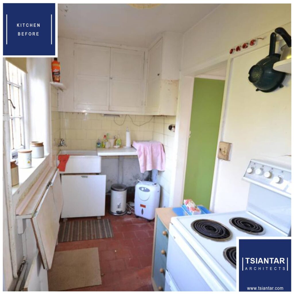Before home renovation: a small, outdated kitchen with white appliances and green walls.