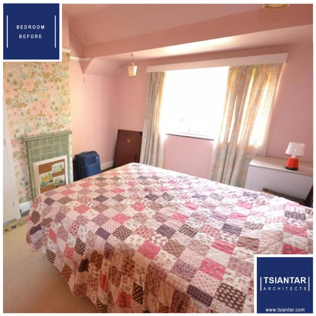 Before home renovation: a bedroom with outdated decor and a patchwork quilt on the bed.