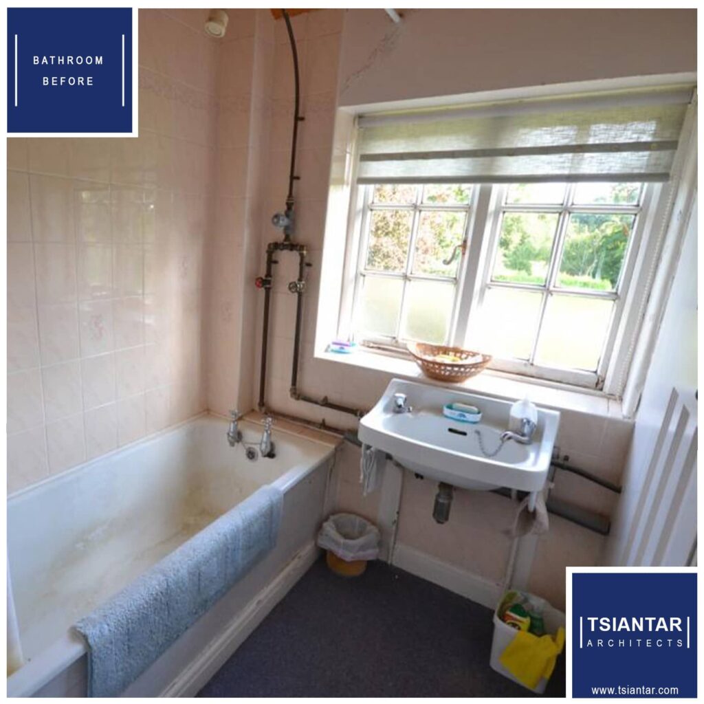 Before home renovation: an outdated bathroom with a bathtub, basin, and visible plumbing.