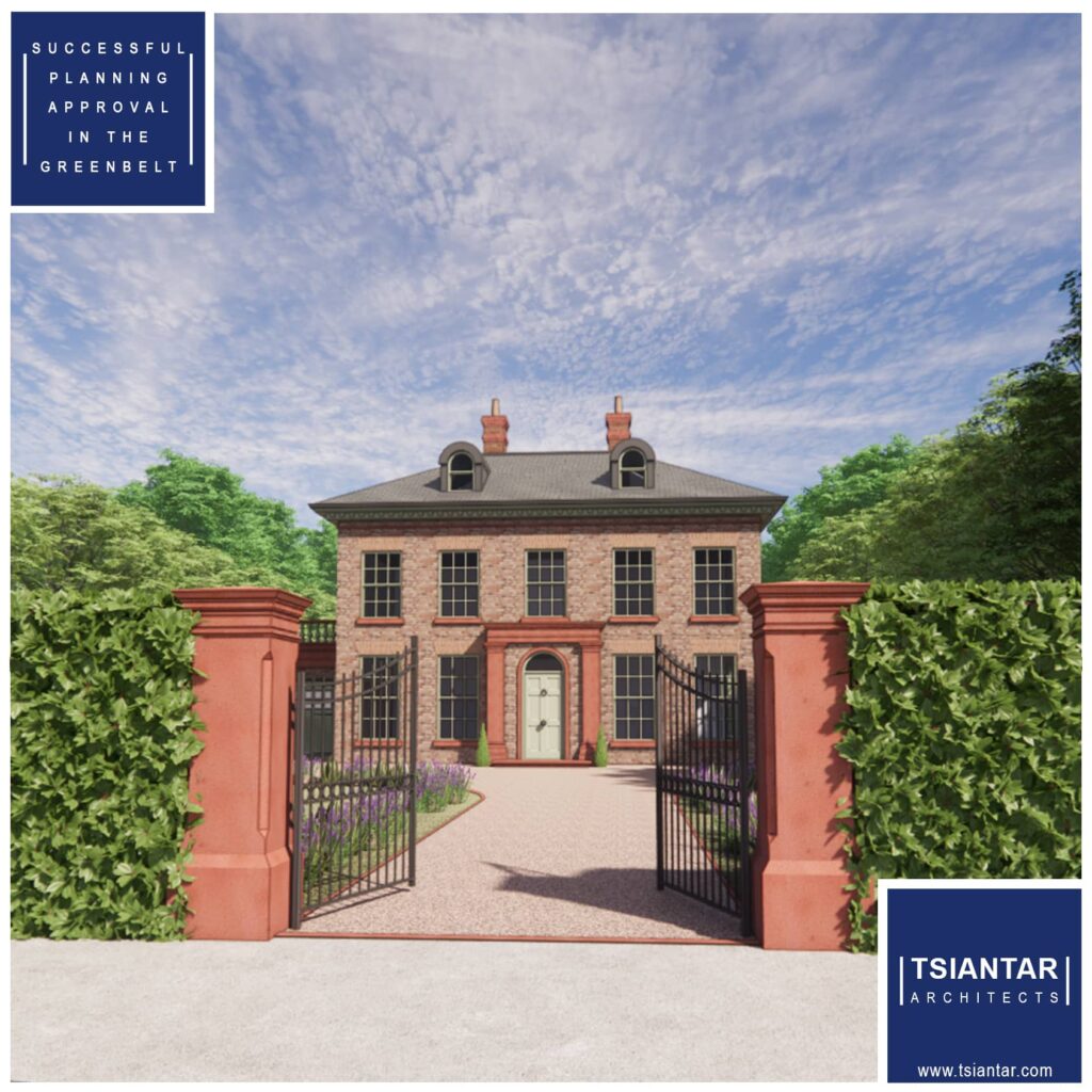 A brick house with chimneys is visible through an open wrought iron gate flanked by red brick pillars and greenery. The sky is partly cloudy. The image includes text about planning approval in the greenbelt, highlighted by auto draft features.