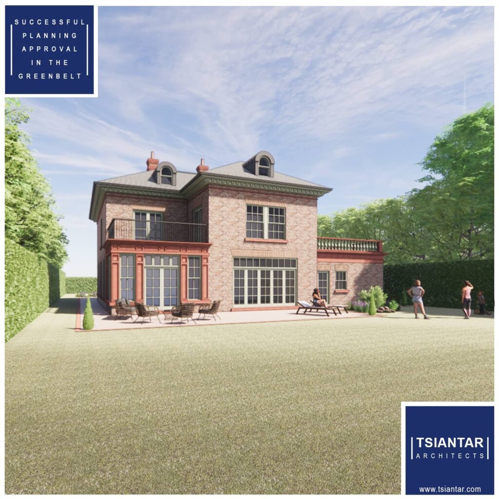 A two-story brick house with large windows and a spacious yard. Three people are standing in the yard. Text on the image reads "Successful Planning Approval in the Greenbelt: Auto Draft Achieved.