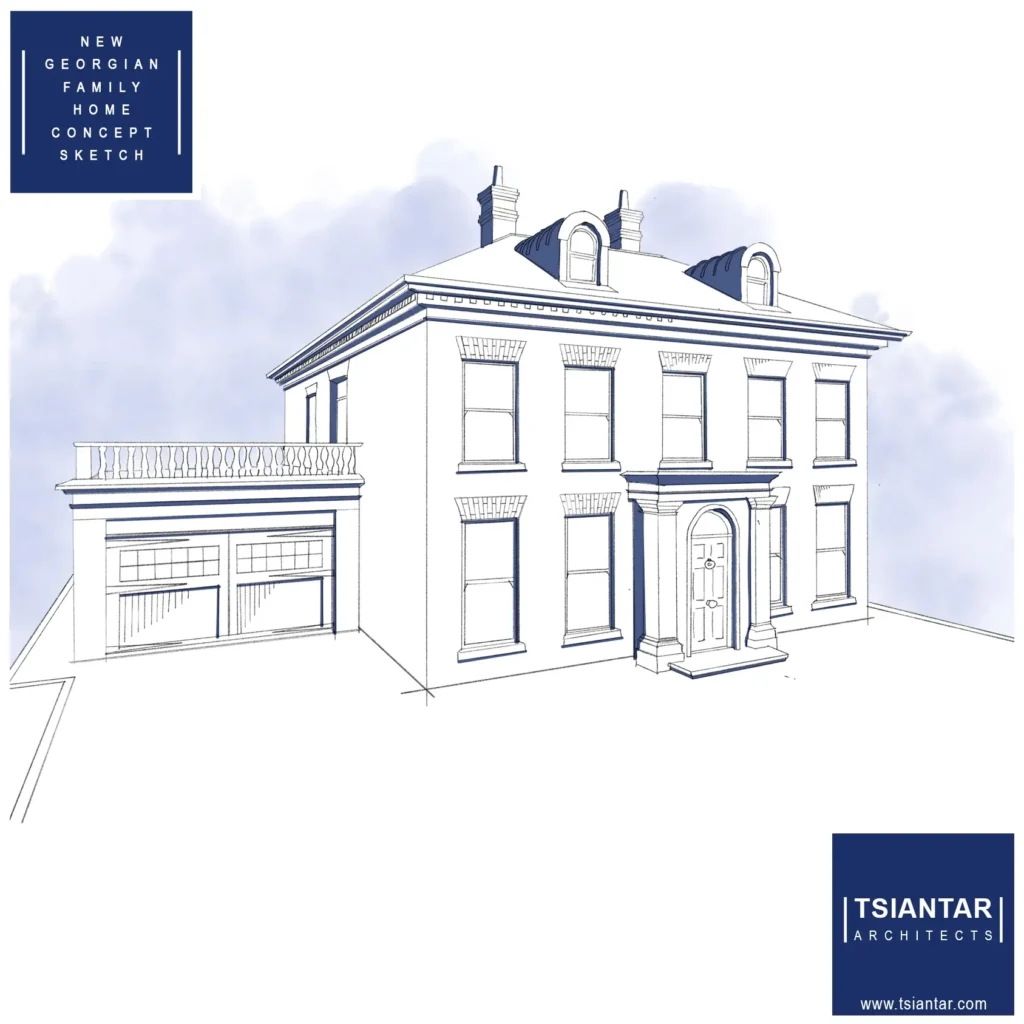 A sketch of a New Georgian family home with two stories, a prominent front door with columns, symmetrical windows, and a side garage. The elegant design captures the essence of classic Georgian architecture. The sketch is labeled by Tsiantar Architects.