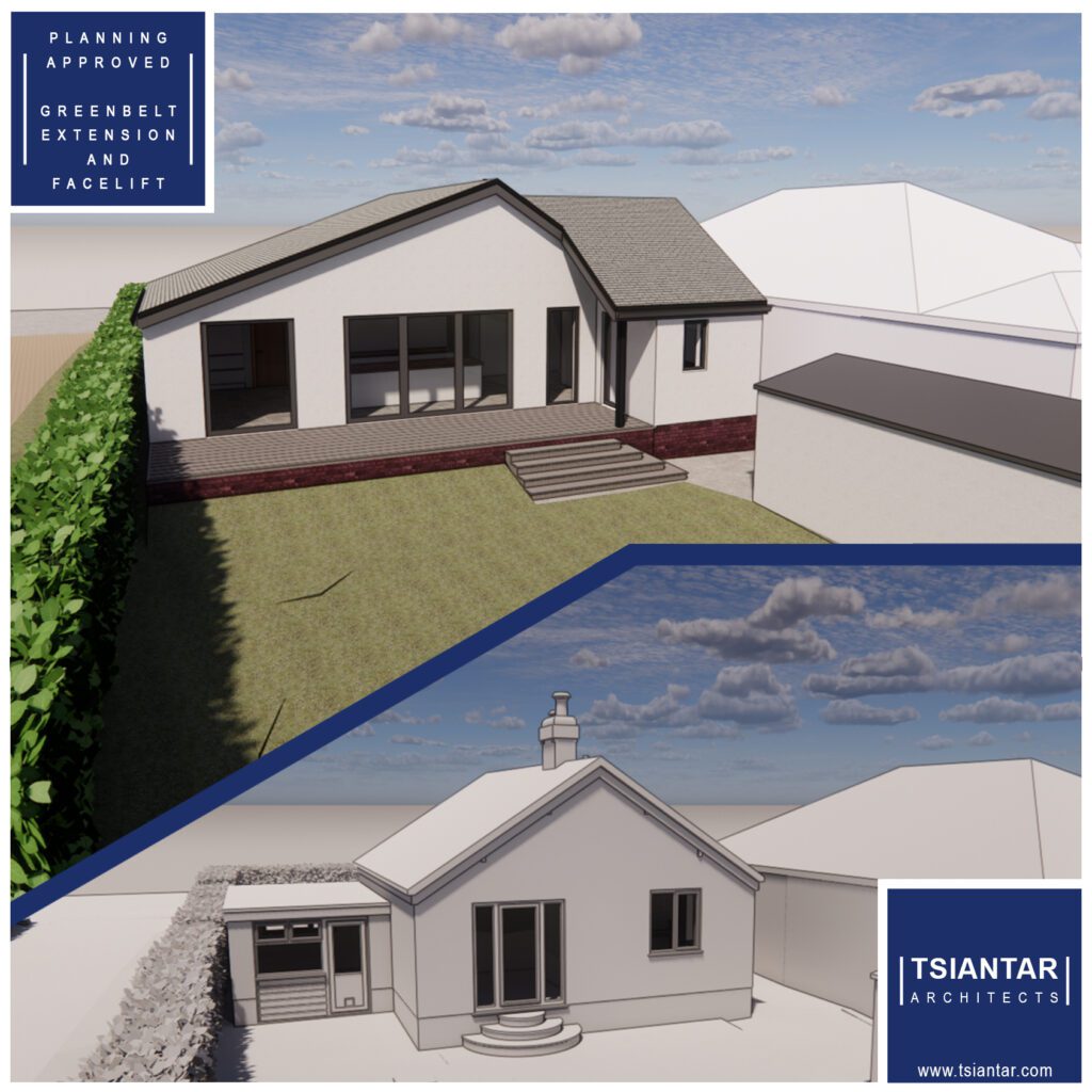 Comparison images of a house design before and after an extension and facelift. The top image, like an auto draft sketch come to life, showcases the new design, while the bottom image reveals the original structure.