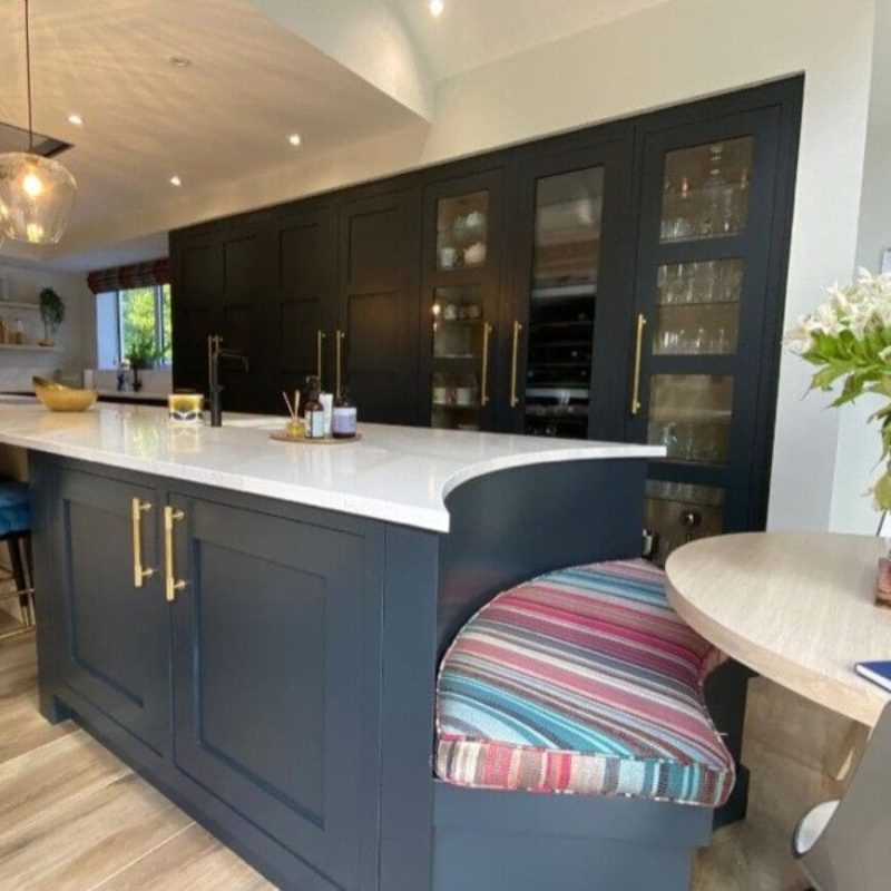 Blue Painted Kitchen with Seating-min