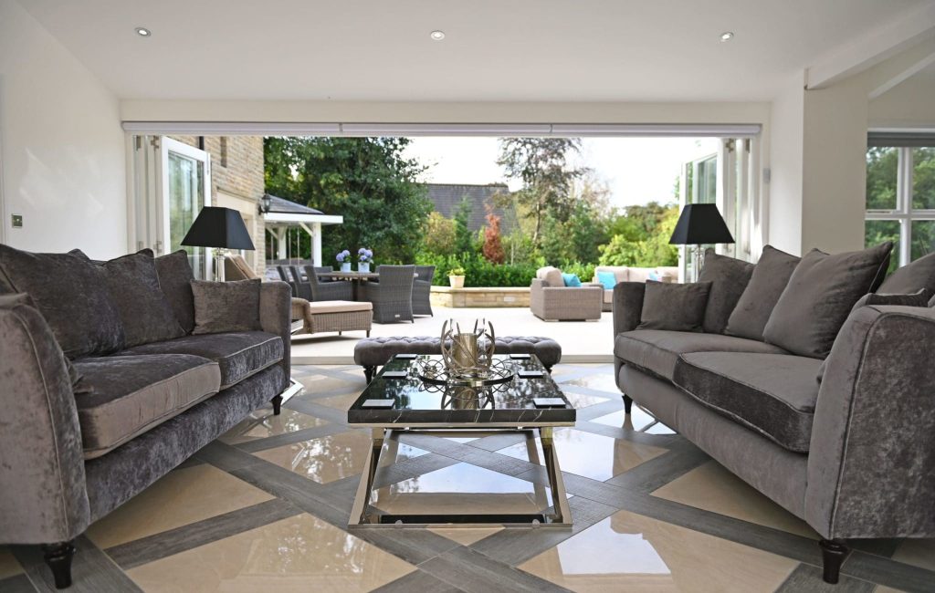 a living room with two couches and a coffee table.